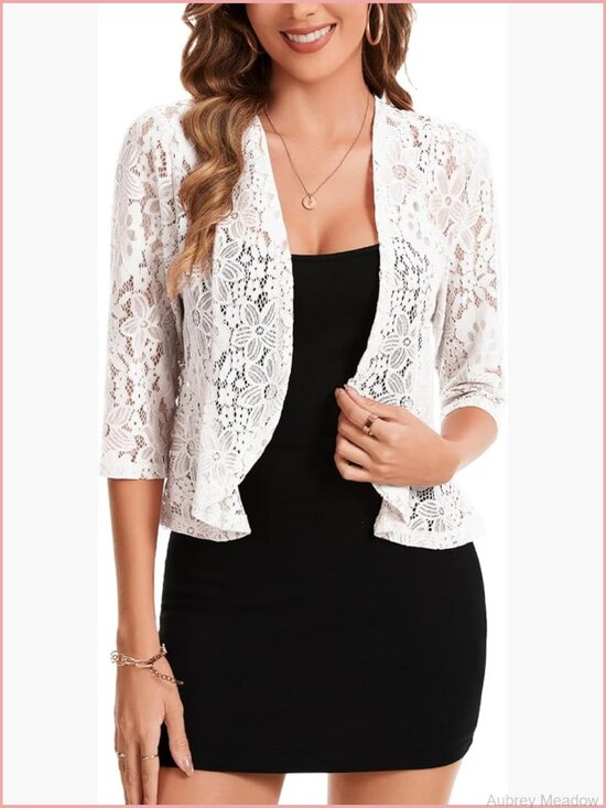Sweaters - Floral Lace Open Front Cardigan 3/4 Sleeve Cropped Bolero Shrug